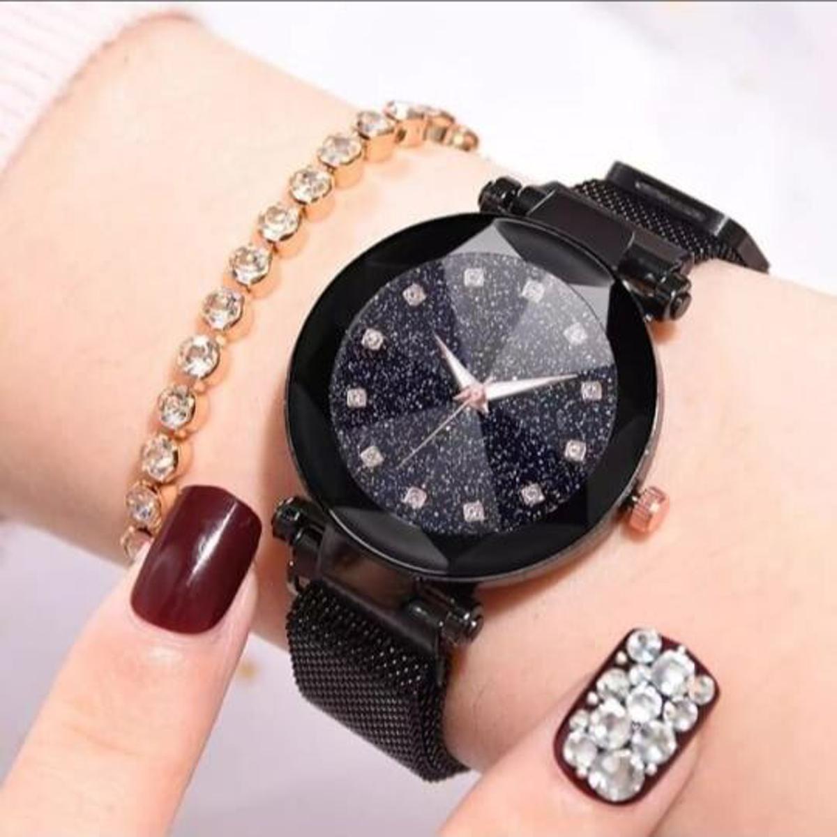 Ladies Quartz Watches Magnetic Buckle Wristwatch Fashion Starry Sky Magnetic Mesh Strap Chain Glass Mirror Girl Clock