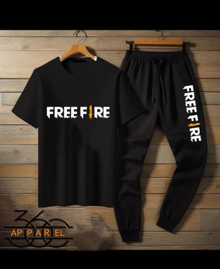 Trendy Free Fire Printed Half Sleeves Cotton Jersey for Gaming Lovers Shirt Summer Tracksuit For Boys & Girls T-Shirt & Trouser Gym Sports Outdoor Gaming Tracksuit for Men_Boys Party Wear