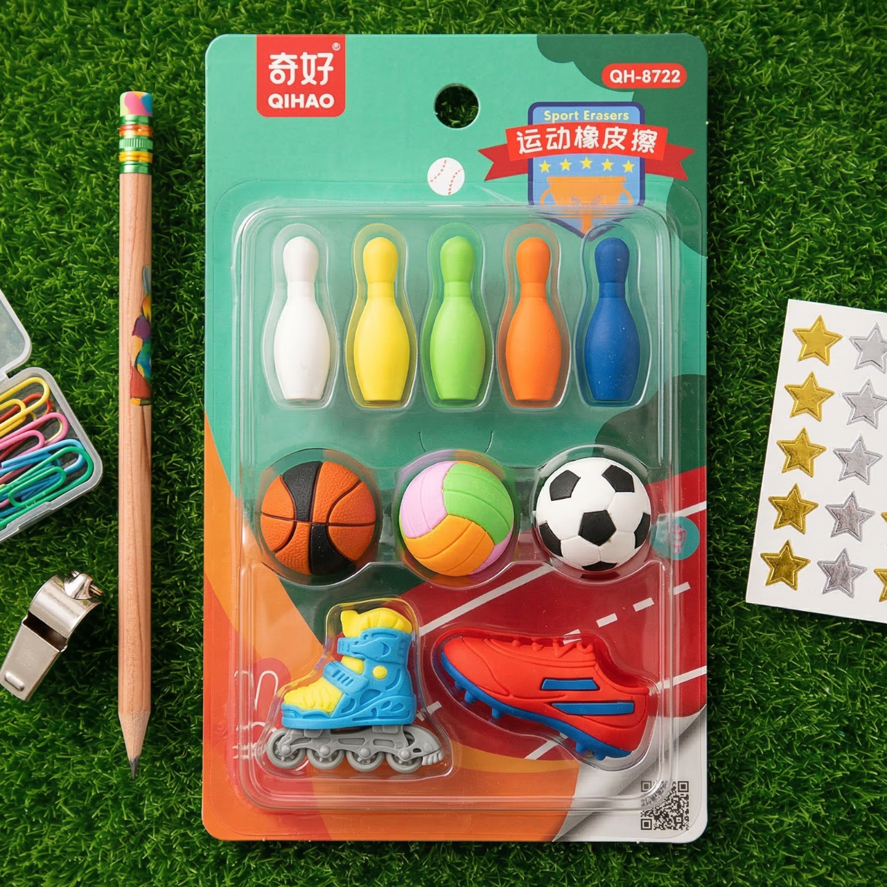 Fancy Sports Erasers | 5 pins, basketball, football,  volley ball with  roller skates and basketball shoes | 10 Different Pieces for Kids