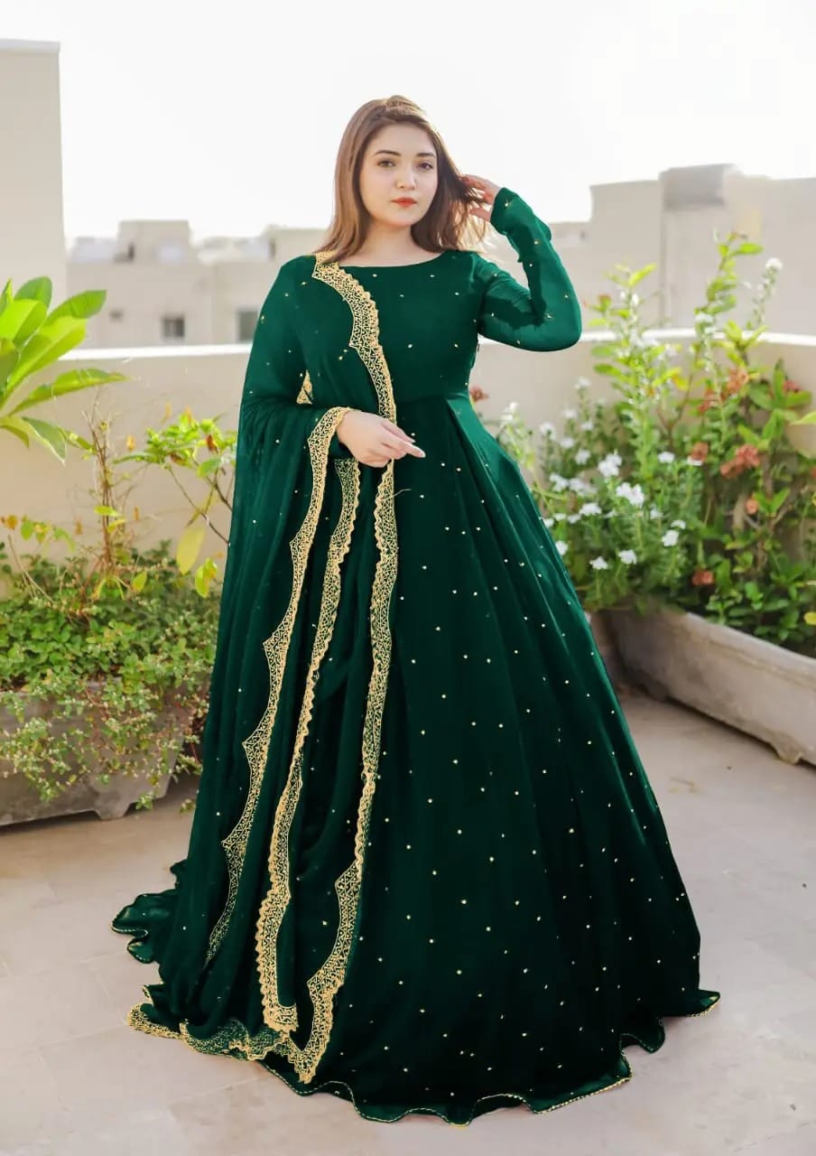 Women Dresses Embroidered -- MaxiNew Design -- Chiffon Suits -- Front And Back Pearls And Lace Work Long Flare Maxi -- Ready To Wear -- Emb & Pearls Work Dupatta 3pcs