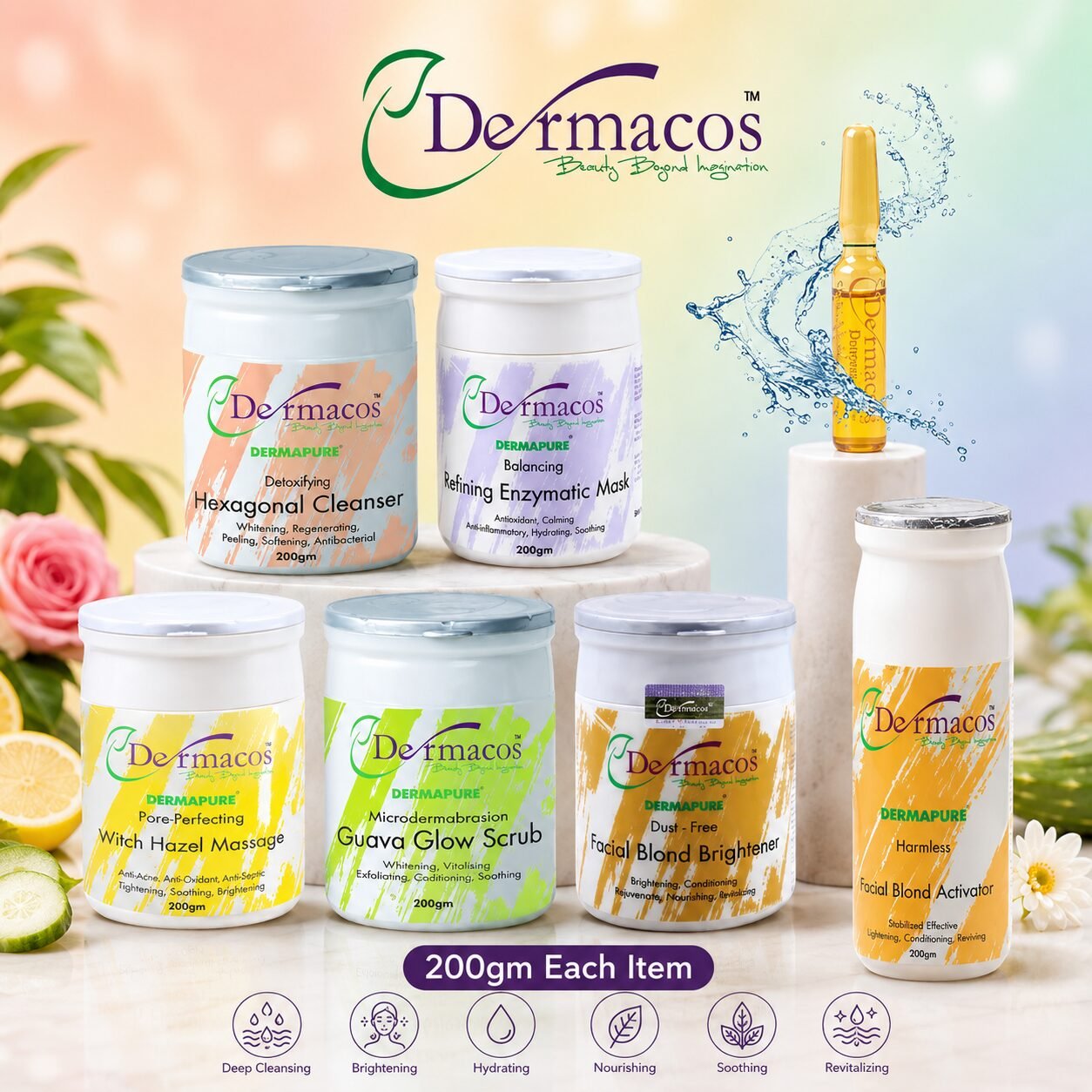 Skincare Essentials Facial Kit (200ml Each) Pack of 6 + Skin Brightening Ampoule (2ml) | Personal Care Set