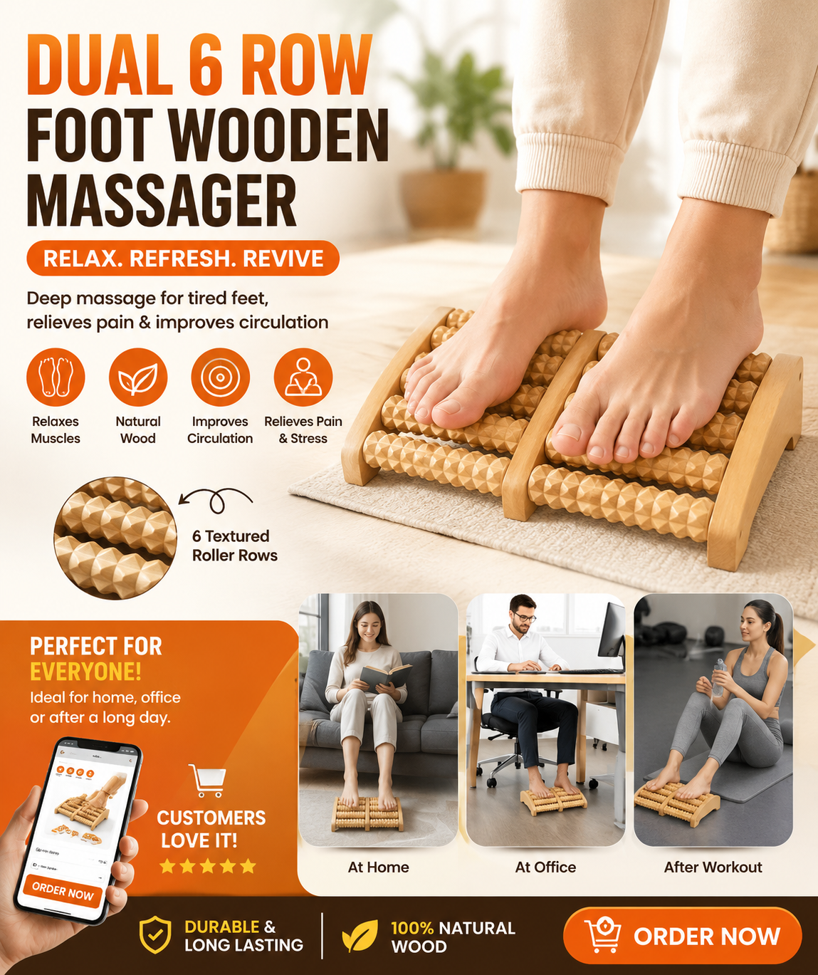 6 Row Wooden Foot Massager Roller - Foot Massager - Premium Foot Massager - Wooden Foot Massager Roller -  Stress Relief Wooden Foot Roller