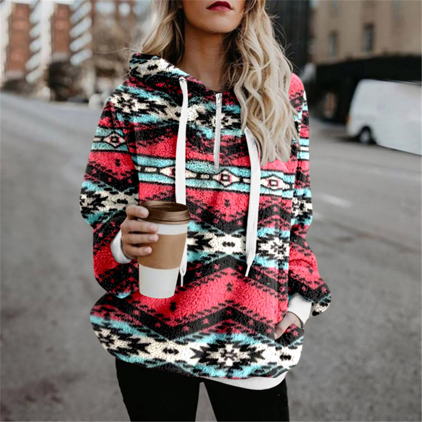 Fluffy Sweatshirt Drawstring Ethnic 