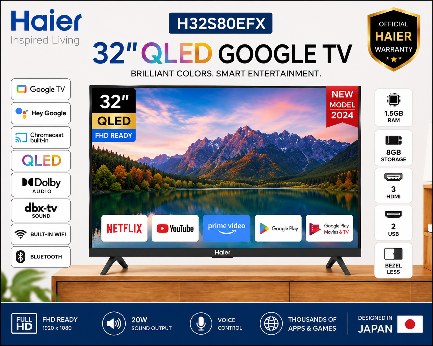 Haier 32 Inch QLED Google TV H32S80EFX | Full HD 1920x1080 | HDR10 | Dolby Audio | 20W Sound | Voice Control | Chromecast | WiFi & Bluetooth | 2 Years Warranty