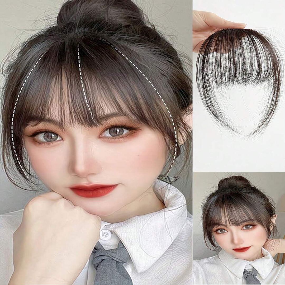 Korean Natural Clip-In Bangs Hair Wig Piece Short Hair Clip Headband Girl Synthetic Wig Headwear Wig Bangs Hair Extension Fringe Front Bangs Hair Clip in Pony Real Hair Wispy Pony Front Full Neat Human Hairpieces, Fashion Straight Air Bangs Clip