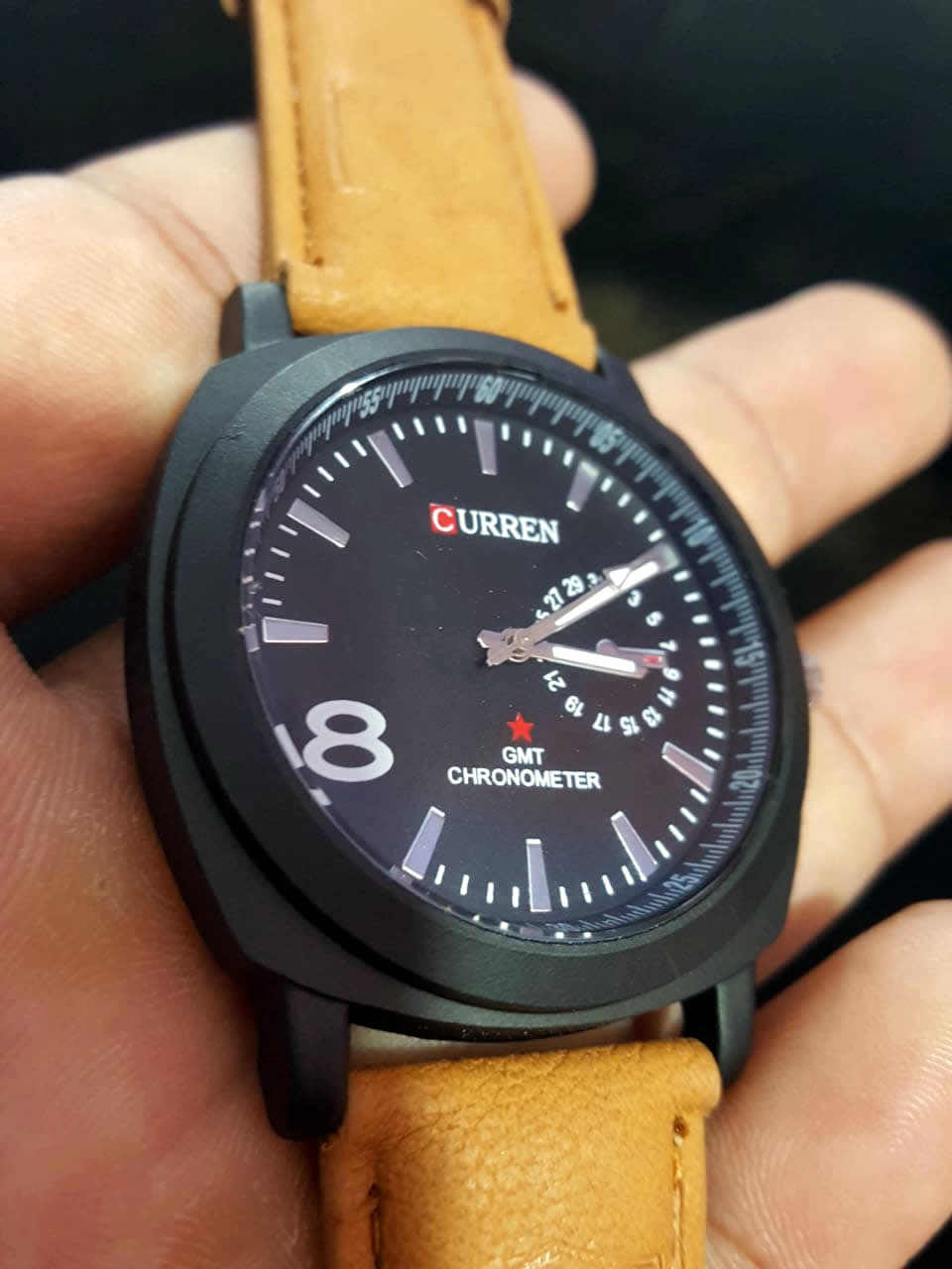 Black Dial Metal Case Brown Leather Strap Quartz Watch for Men