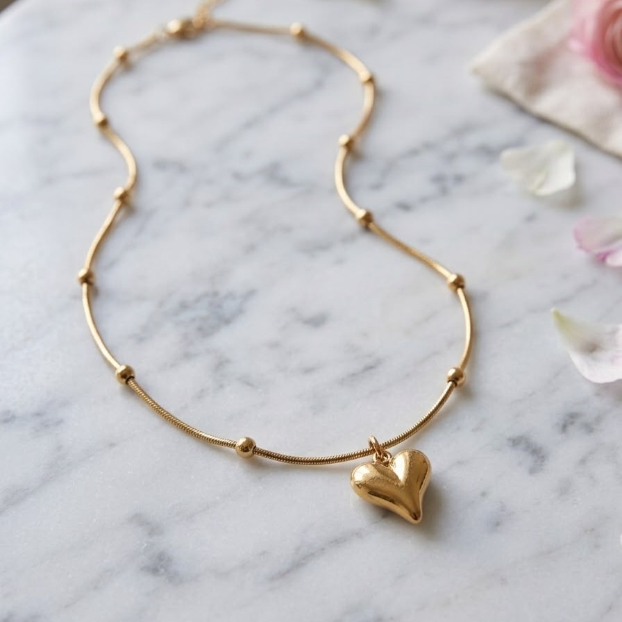 Stainless Steel Puffy Heart Pendant Necklace for Women & Girls – Minimalist Beaded Chain Heart Locket | Lockets For Girls | New Design Lockets For Girls | Perfect For Gift
