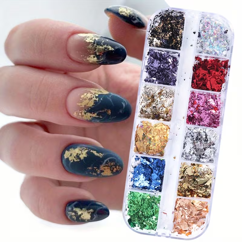 12 Grid Holographic Nail Foil Glitter Set | Gold Silver Rainbow Chrome Flakes & Confetti Glitter for Nail Art, Resin Art & DIY Crafts | Nail Gems Nail Charms Nail Art Decoration Supplies and  for resin art