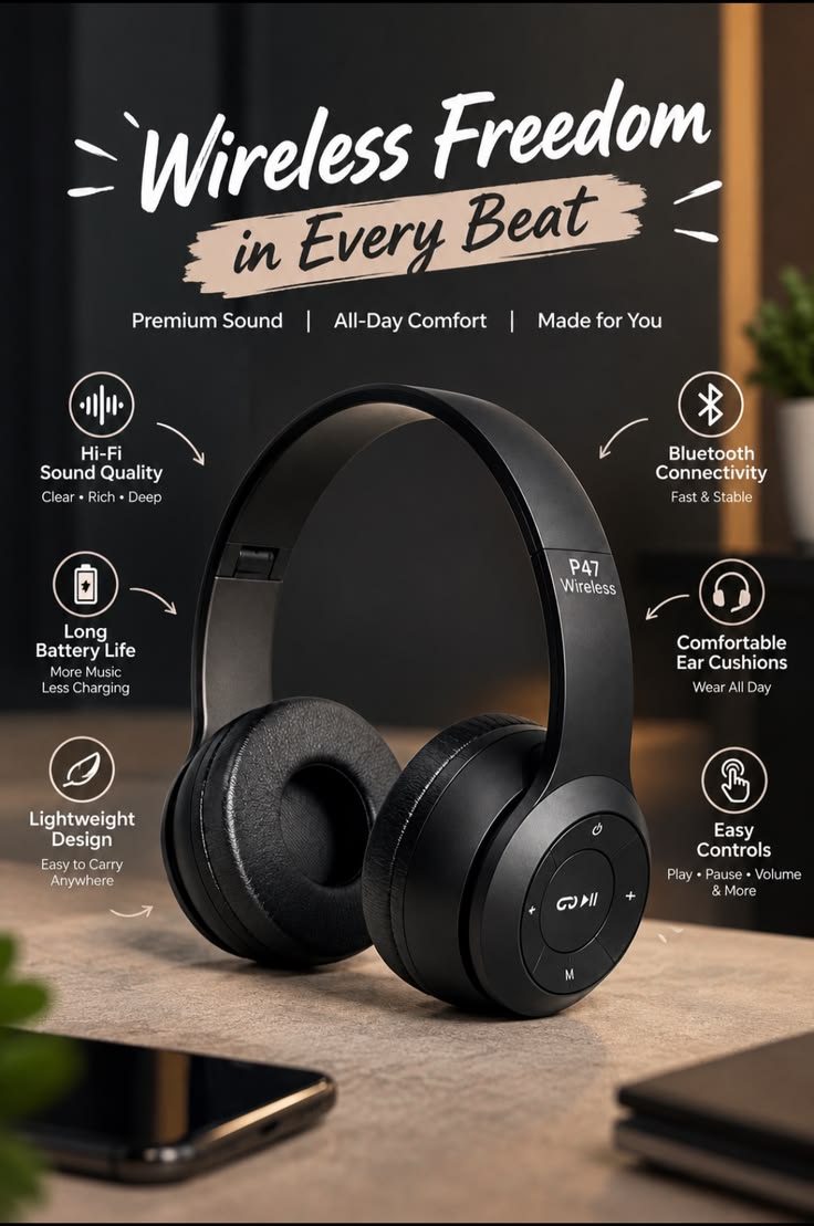 Original P47 Wireless Bluetooth Headphones | Foldable Stereo Over-Ear Headset | Rechargeable with Mic | FM Radio | TF Card Support | AUX Compatible