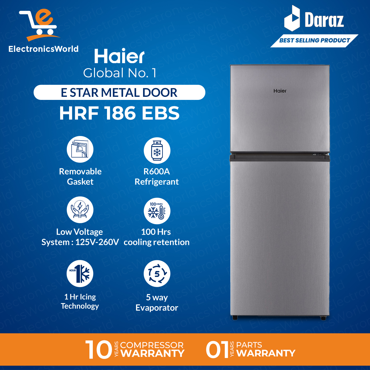 Haier Refrigerator | Model HRF-186 EBD / EBS | E-Star Series | 6.5 Cubic Feet (Deepest Freeze +Direct Cool+ 1 Hour Icing Technology + Metal Door+LVS Technology) Golden/Silver Color/Refrigerator/ 10 Years Brand Warranty