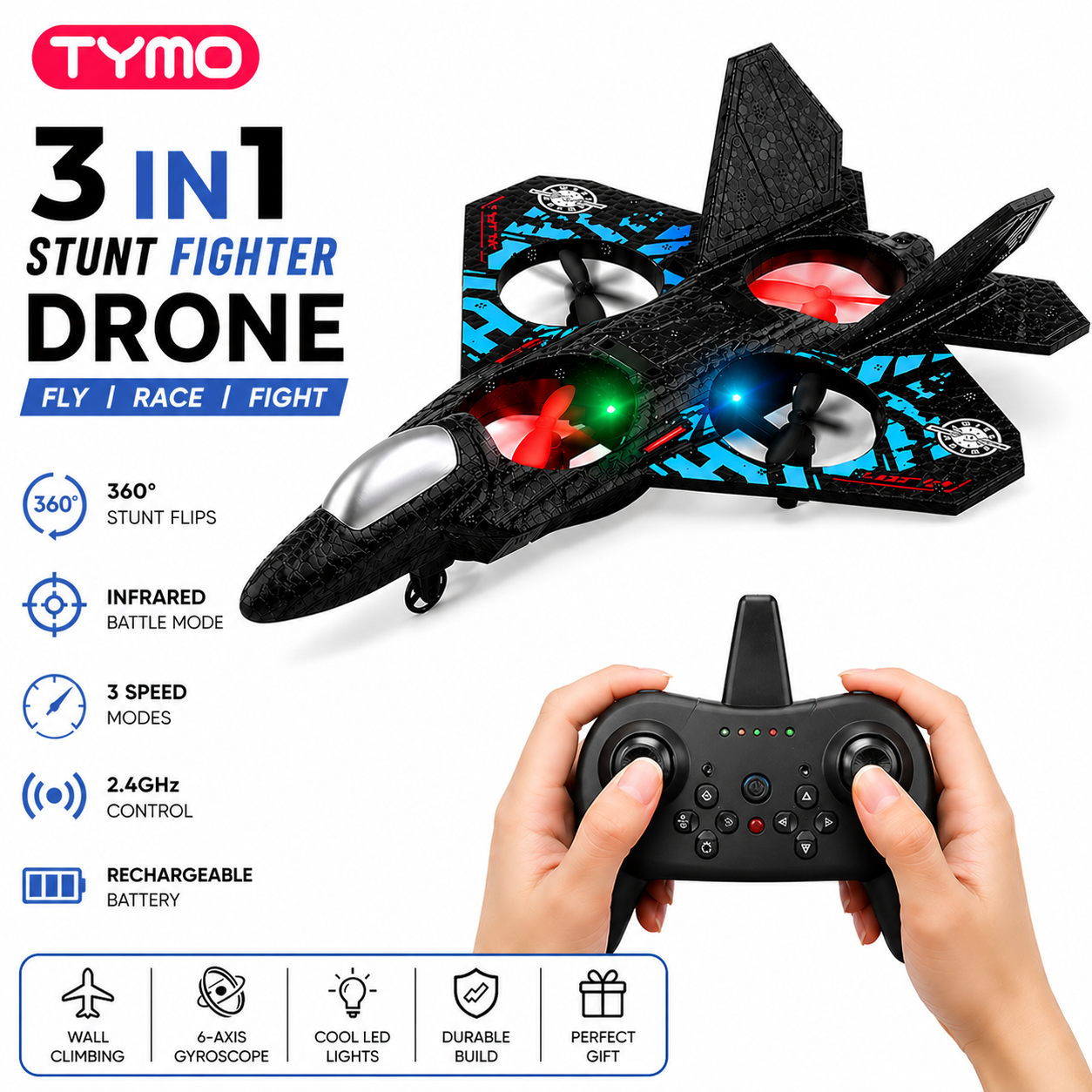 TYMO Premium RC Fighter Jet Plane – Original 2.4G Remote Control Foam Airplane Toy with LED Lights, High-Speed Stunt Glider Aircraft, Rechargeable Flying Jet for Kids & Adults