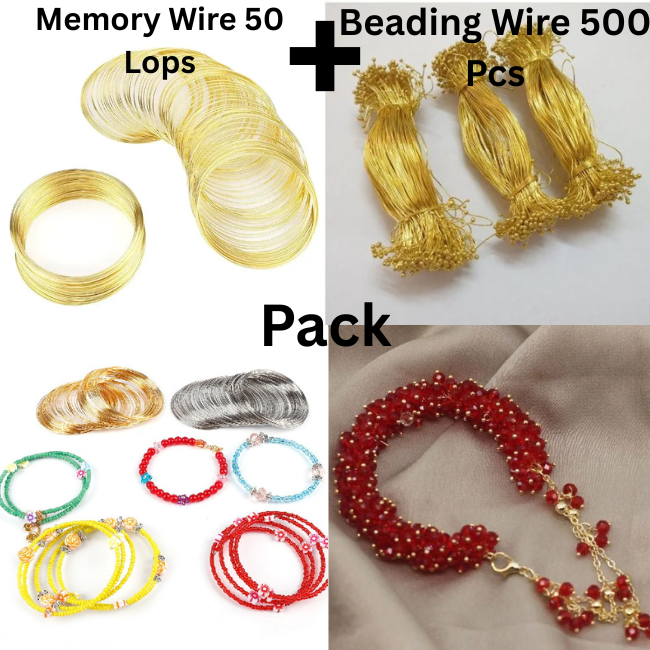 50 Loops Memory Wire + 500 Pcs Golden Beading Wire Set – Perfect for Jewelry Making Accessories & Viral Gajra Bracelet