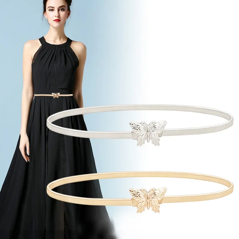 Fashion Metal Hollow Out Carved Bow Women Belts Elastic Skinny Thin Dress Belt Women Ladies Gold Sliver Decor Waist Chain Straps price in Pakistan
