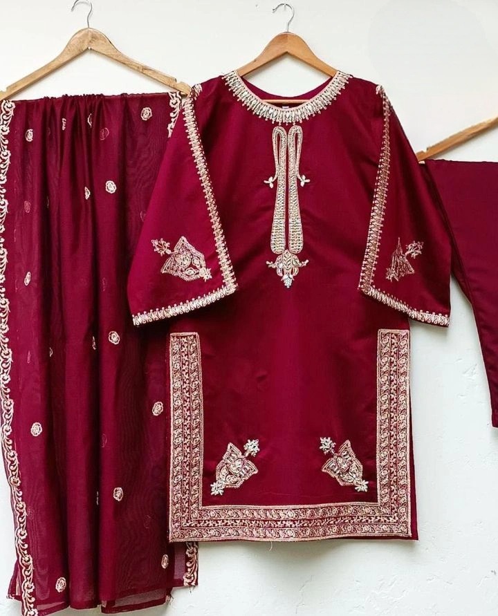 Boutique By Aiman | Ready Made | Ready To Wear | Women's Fashion |  Front Neck, Sleeves And Daman Embroidery Shirt With Embroidered Dupatta 3 Piece Dress  For Women's Fashion