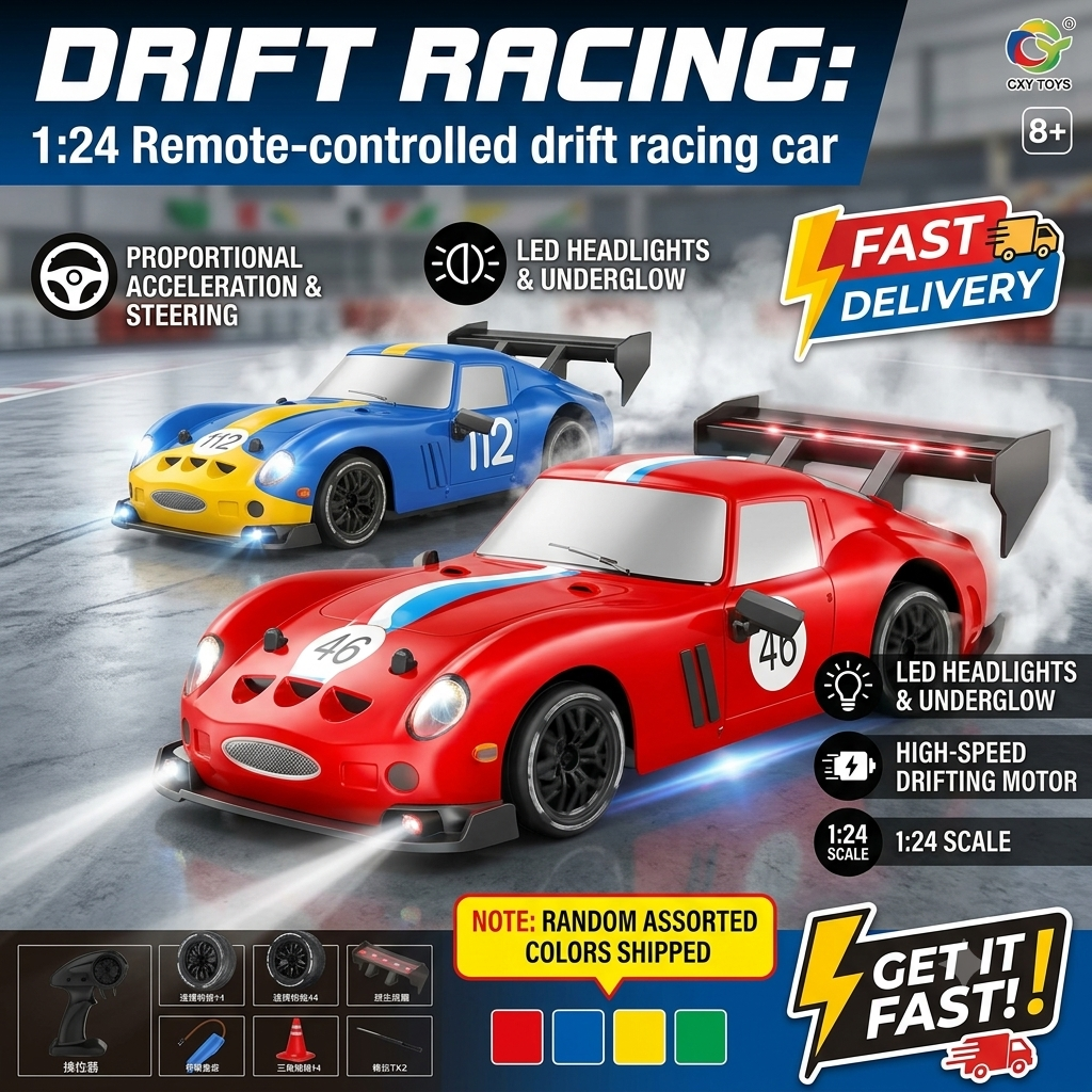 KIDDO KASTLE -  Remote Control Speed Racing 1:24 RC VINTAGE FERRARI Drift Car With LED | RC FERRARI 4x4 Drifting Car 2.4G RC Drift Car with LED Light Rechargeable Remote Control Racing Car Vehicle Replaceable Tire Competition Race Car Toy For Kids Boys