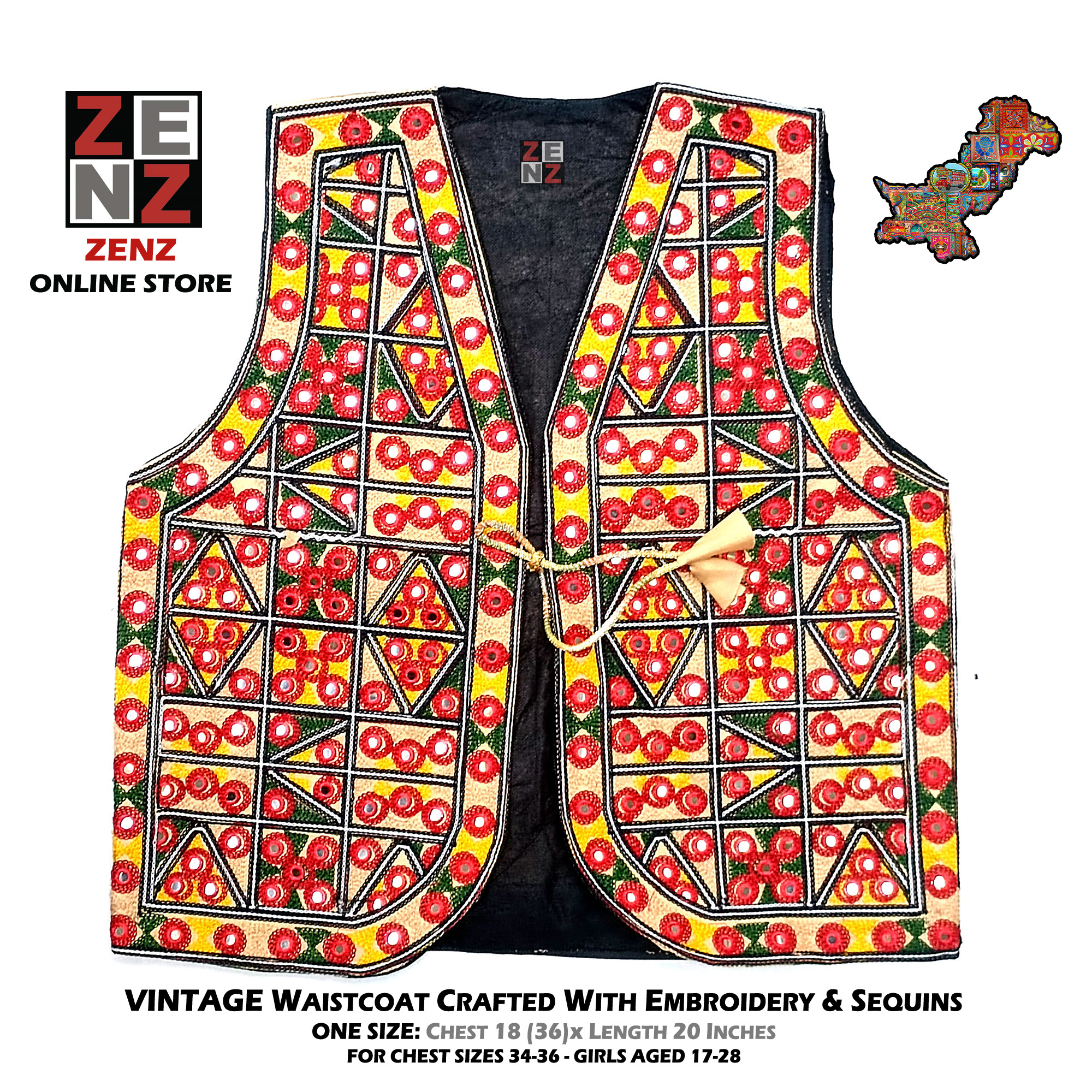 Pakistani Sindhi Balochi Kashmiri Traditional & Cultural Wear Waistcoat Koti Embroidered Zenz Multicoloured Embroidery for Girls & Women