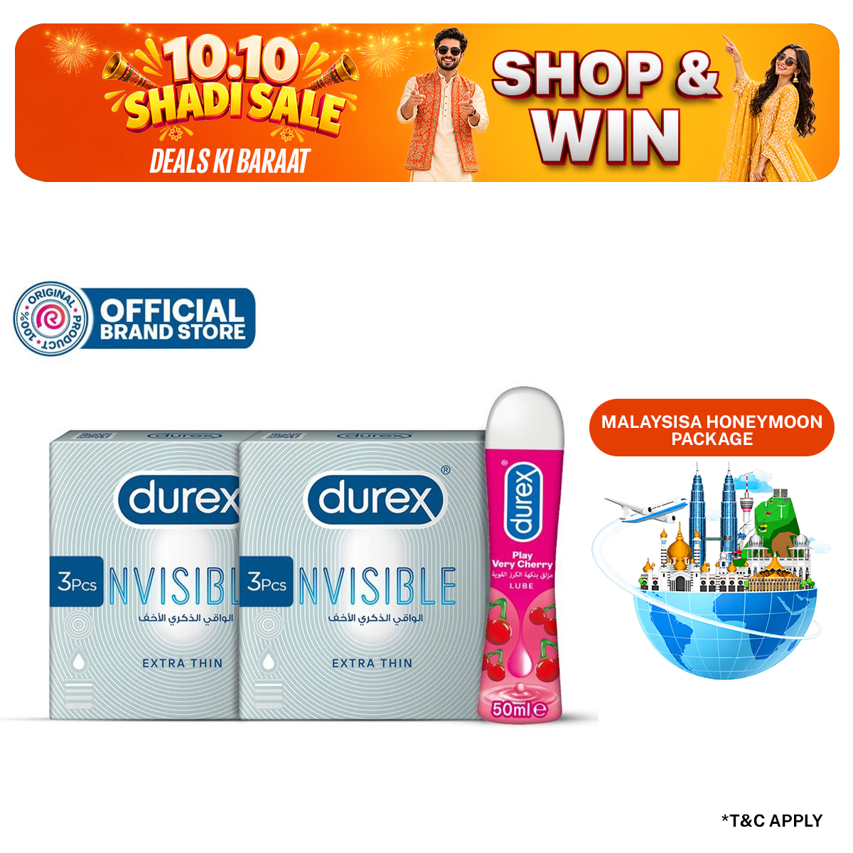 Durex Condoms Invisible 3 Pcs (Pack of 2) + Durex Very Cherry Lube 50ml
