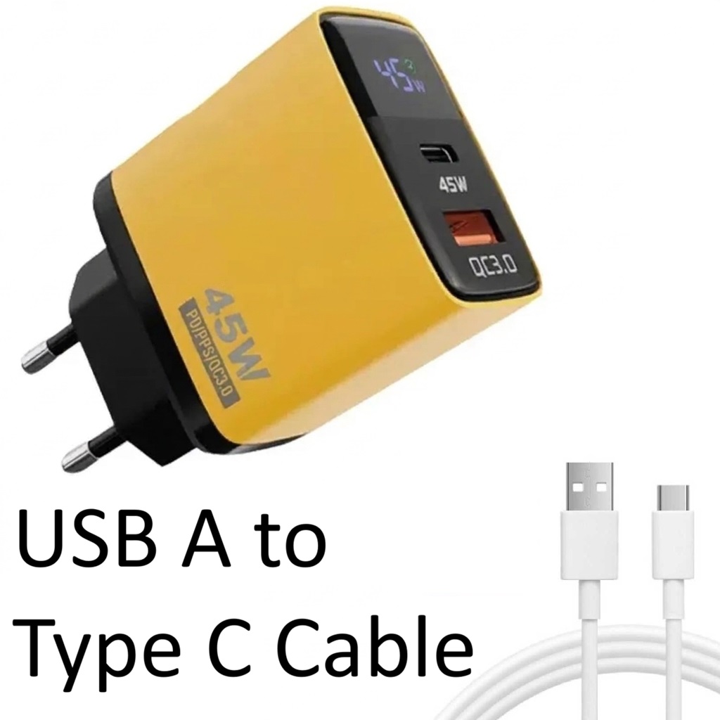 Digital Display Charger 45W Fast Adapter , LED Display Adapter, QC 3.0 | Fast Charging Brick + USB Cable | Universal Android | Rapid Charge USB Adapter | Cloudify.pk