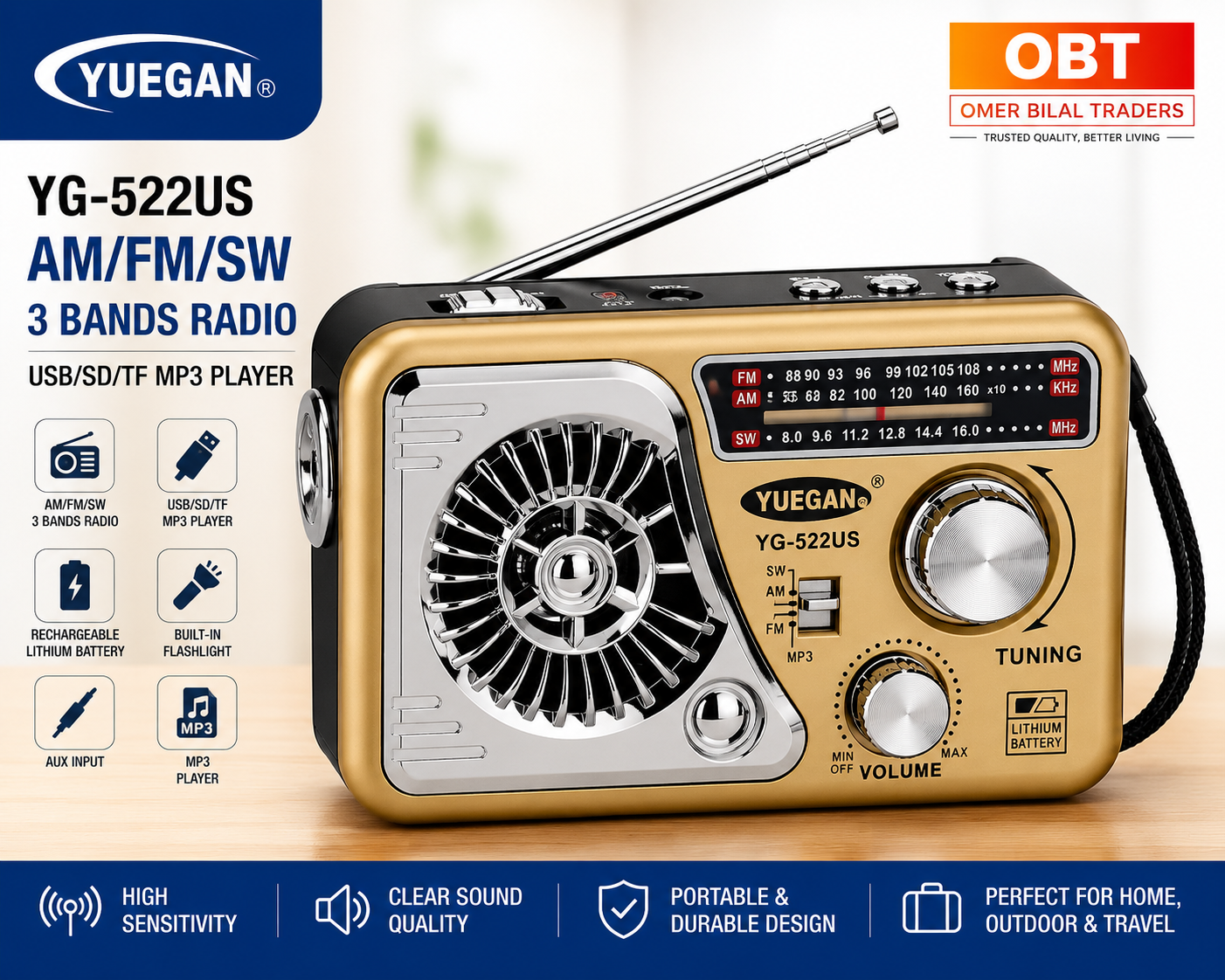 Portable 3 Bands (AM/FM/SW) Rechargeable Radio with USB/TF Music player