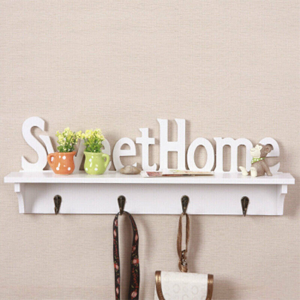 Wooden Wall Mount Rack Diy Sweet Home Storage Shelf Hooks Bedroom 