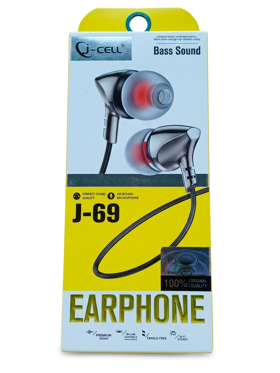 ej-CELL J-69 Bass Sound Wired Earphone With Mic | HD Sound | 3.5mm Universal Handsfree | Tangle Free Cable | In-Ear Earbuds