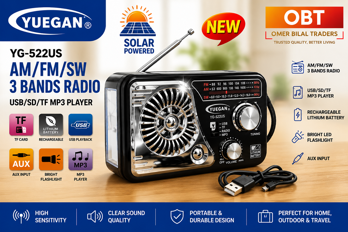 Portable Solar Rechargeable 3 Bands (FM/AM/SW) Radio with USB/TF Music player & Charging Panel Light