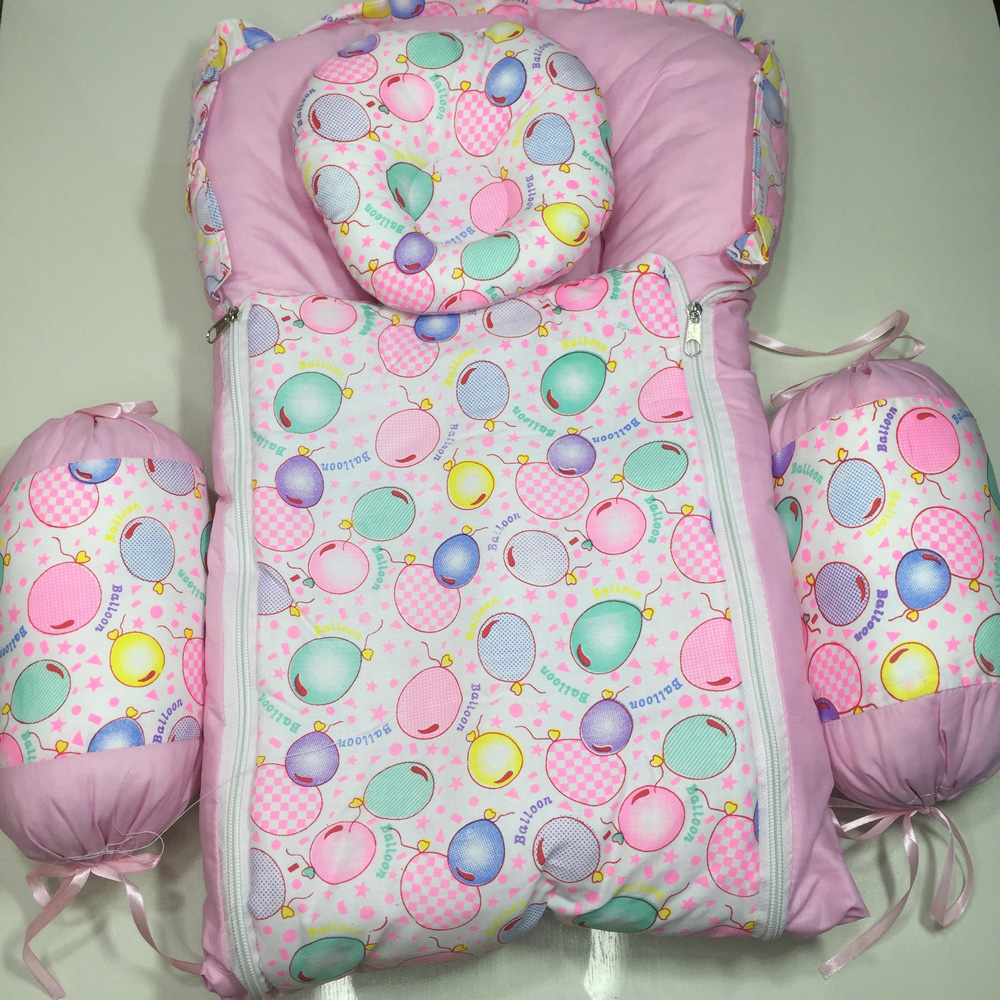 Best Quality New 4 PCS Baby Sleeping Bag with 1 Pillow 2 Cushions Embroidered Print Two Tone Multicolored Safety Baby Crib 0-1 Year Infant Portable Baby Cots Crib Infant Baby Sleeping Bag - baby bistar gaddi - baby bed accessories newborn multicolored