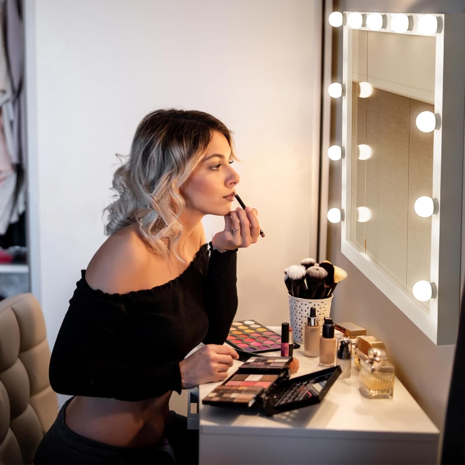 Vanity Mirror Light LED Bulbs for Makeup MirrorLED Vanity Lights For Mirror, Hollywood Style Vanity Lights With 10 Dimmable Bulbs, Adjustable Color & Brightness, USB Cable, Mirror Lights Stick on for Makeup Table Dressing Room, White (High Quality)