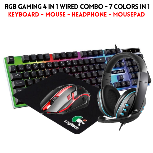 RGB Gaming Keyboard & Mouse Combo - 7 Colour Wired RGB Mouse and Keyboard Set - USB Wired Pack For PC & Laptop - Black & White