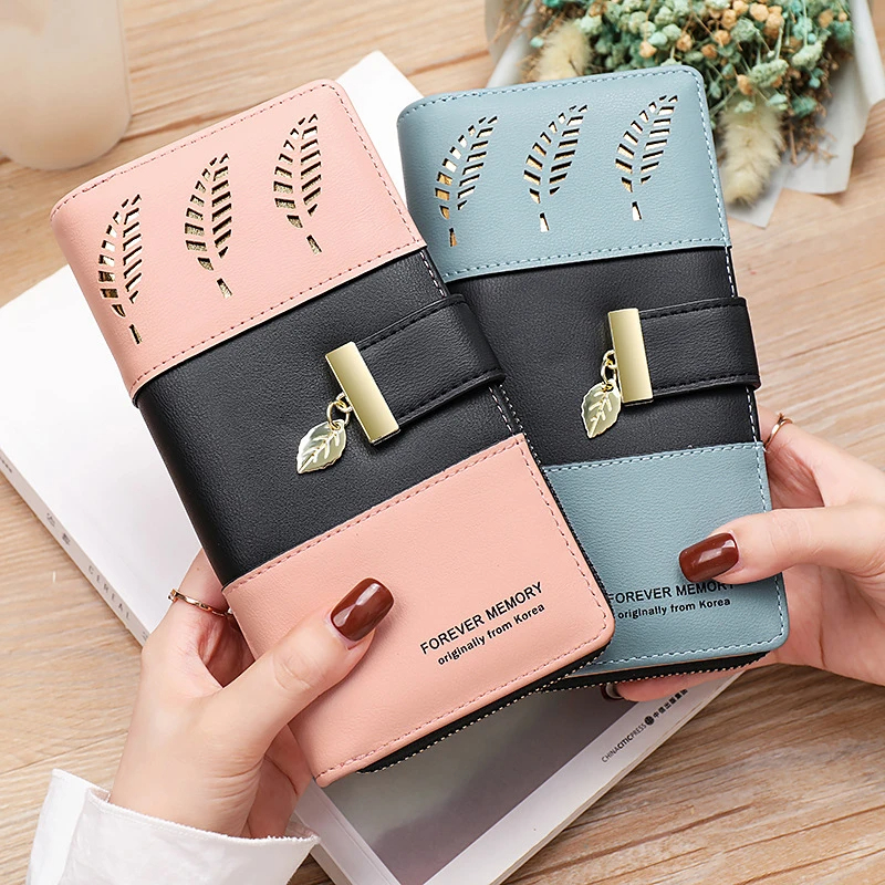 Hollow Leaves PU Leather Women's Long Wallet Fashion Female Coin Purses Hasp Zipper Hand Clutch for Women