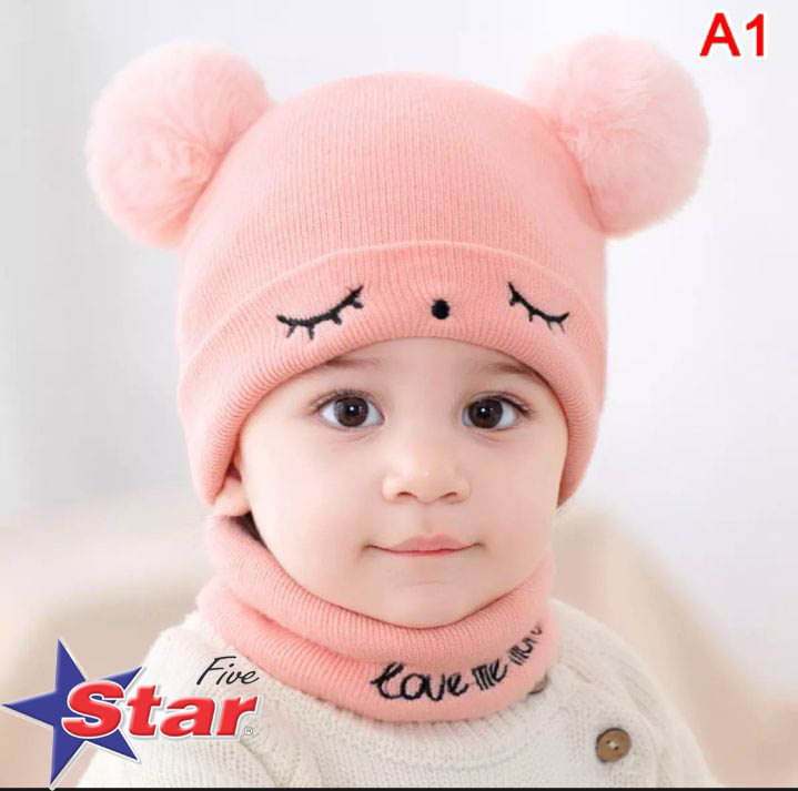 Baby Hat Scarf Set Eyes Embroidery Double pompom kid knitted Autumn Winter Neck Gaiter
