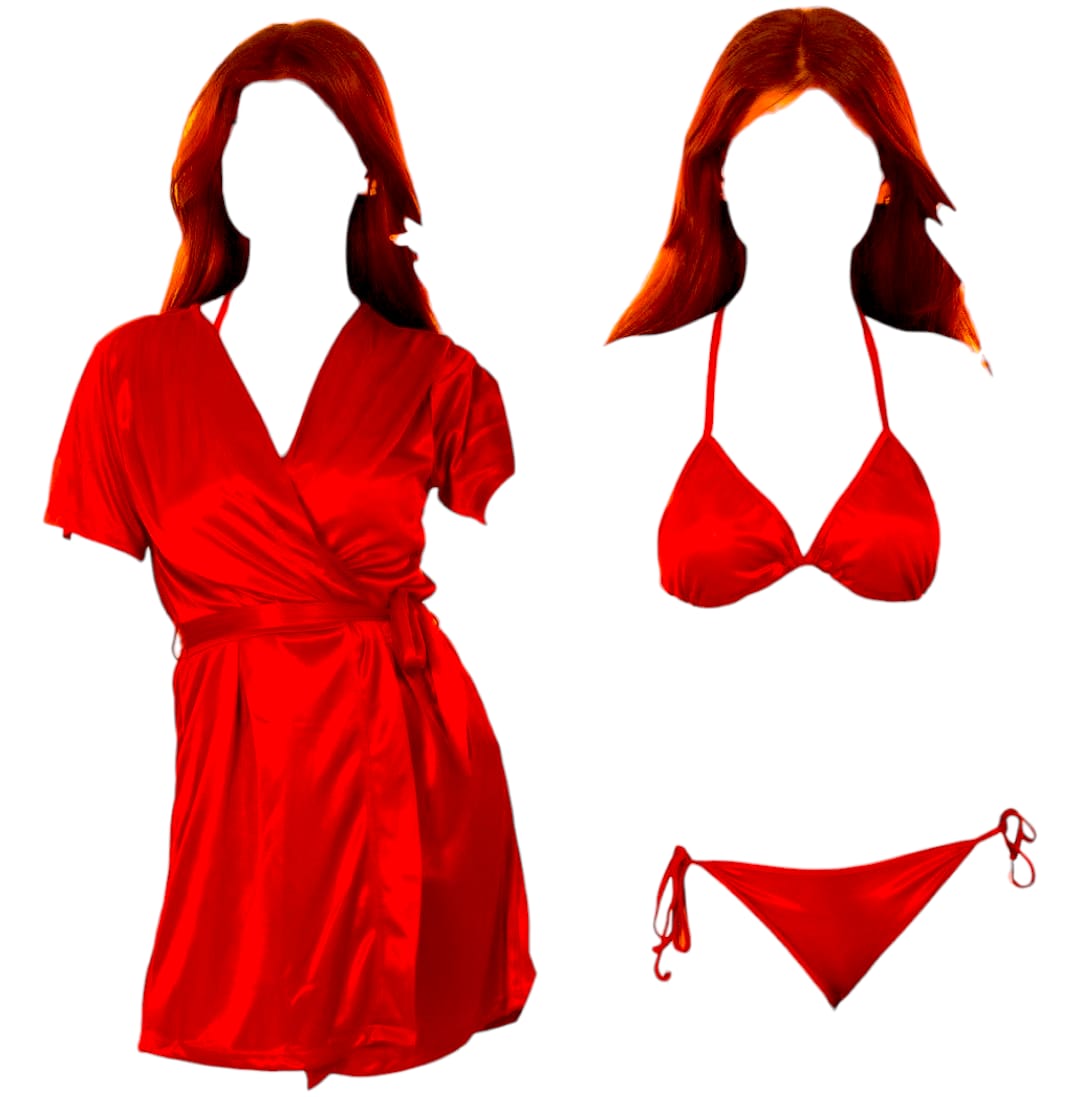 Women 3 Piece  Nighty Sleepwear Silk Satin night dress Lingerie Set With Robe and Short Gown Bridal for Ladies and Girls Women Dress for Night Wear and Parties Full Black Body Stocking Nighty for Women Free Bra