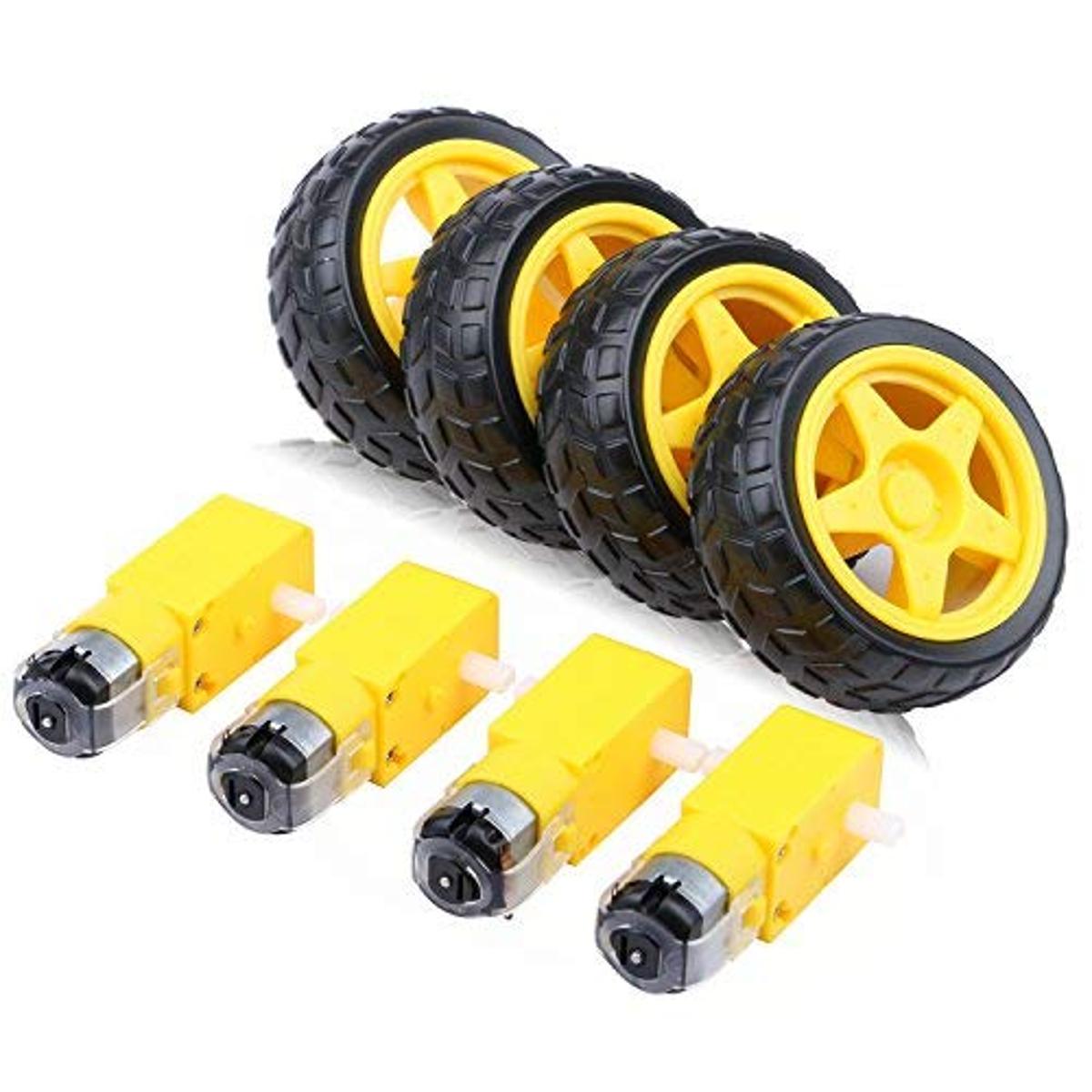 4Pcs TT DC Gear Motor with Plastic Tire Wheel 3V-6V Dual Shaft Yellow Gearbox Motor for Arduino Smart Robot Car DIY 2WD 4WD Chassis | Mudasir Electronics |