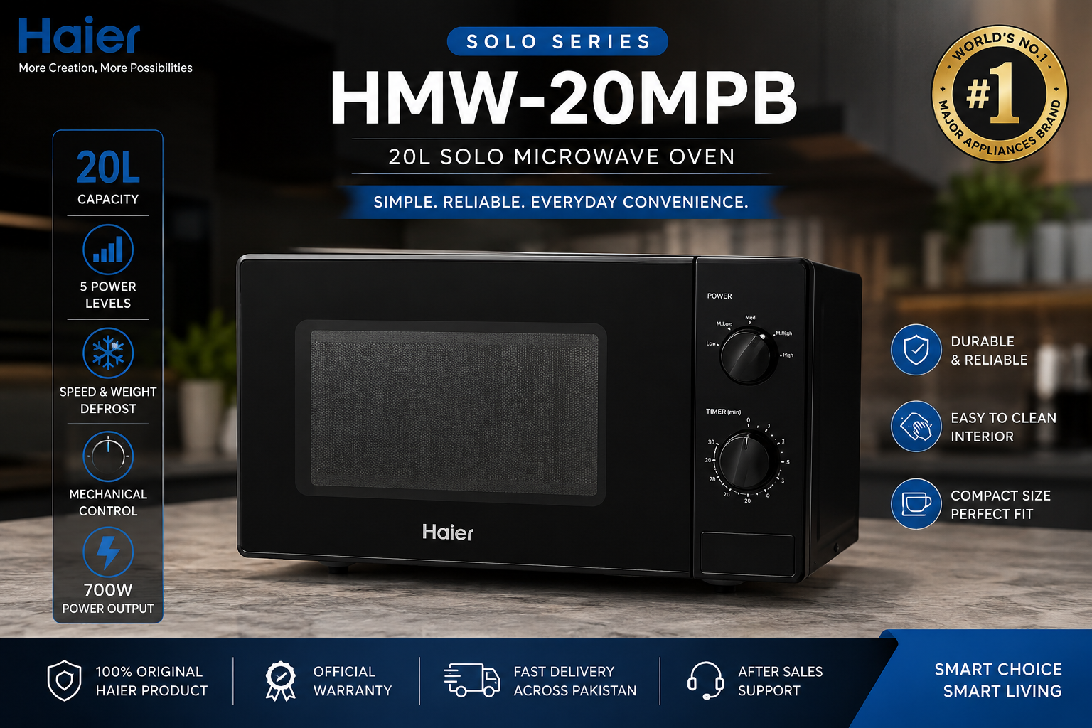 Haier HMW-20MPB Solo Microwave Oven 20L 700W | 5 Power Levels | Speed & Weight Defrost | Mechanical Control | Black