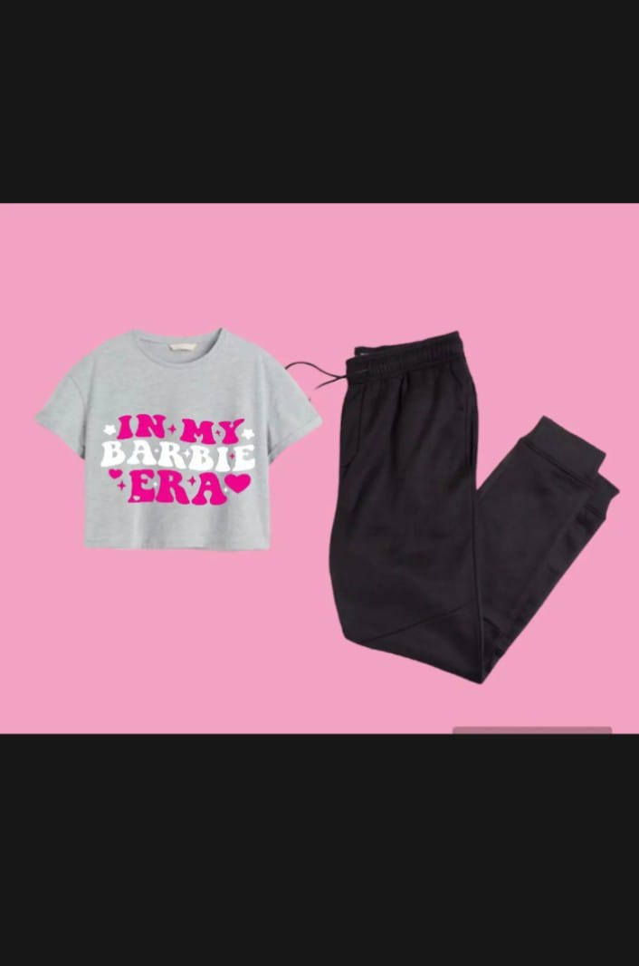 Trendy BARBIE Era Tracksuit for Women & Girls Gym Wear printed half Sleeve Crop Top T-Shirt & Trouser for Summer Collection Elegant Wear