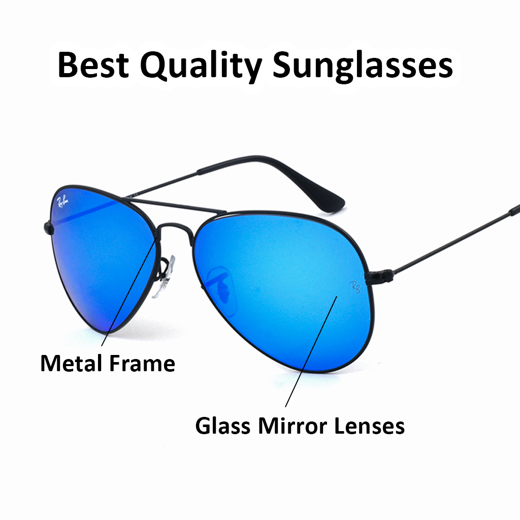 Clearance Sale, Fine Quality Aviator Sunglasses for Men and Women UV Protection Blue Mirror Glass Lenses with Metallic Frame in Black, Adults Size