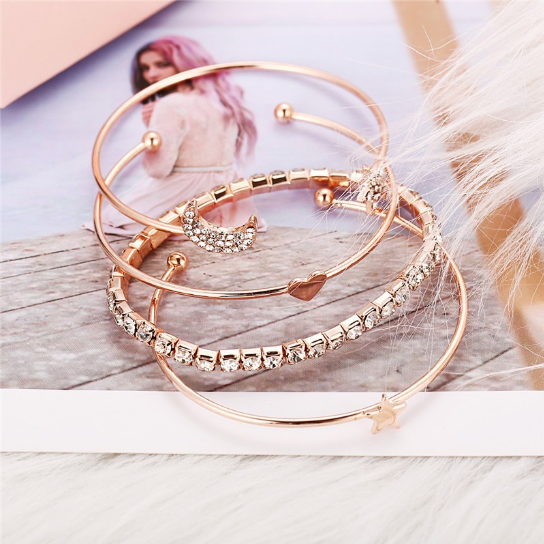 4PCS Open Bangle Star Moon Delicate Crystal Bracelet For Women Charm Jewelry Gifts