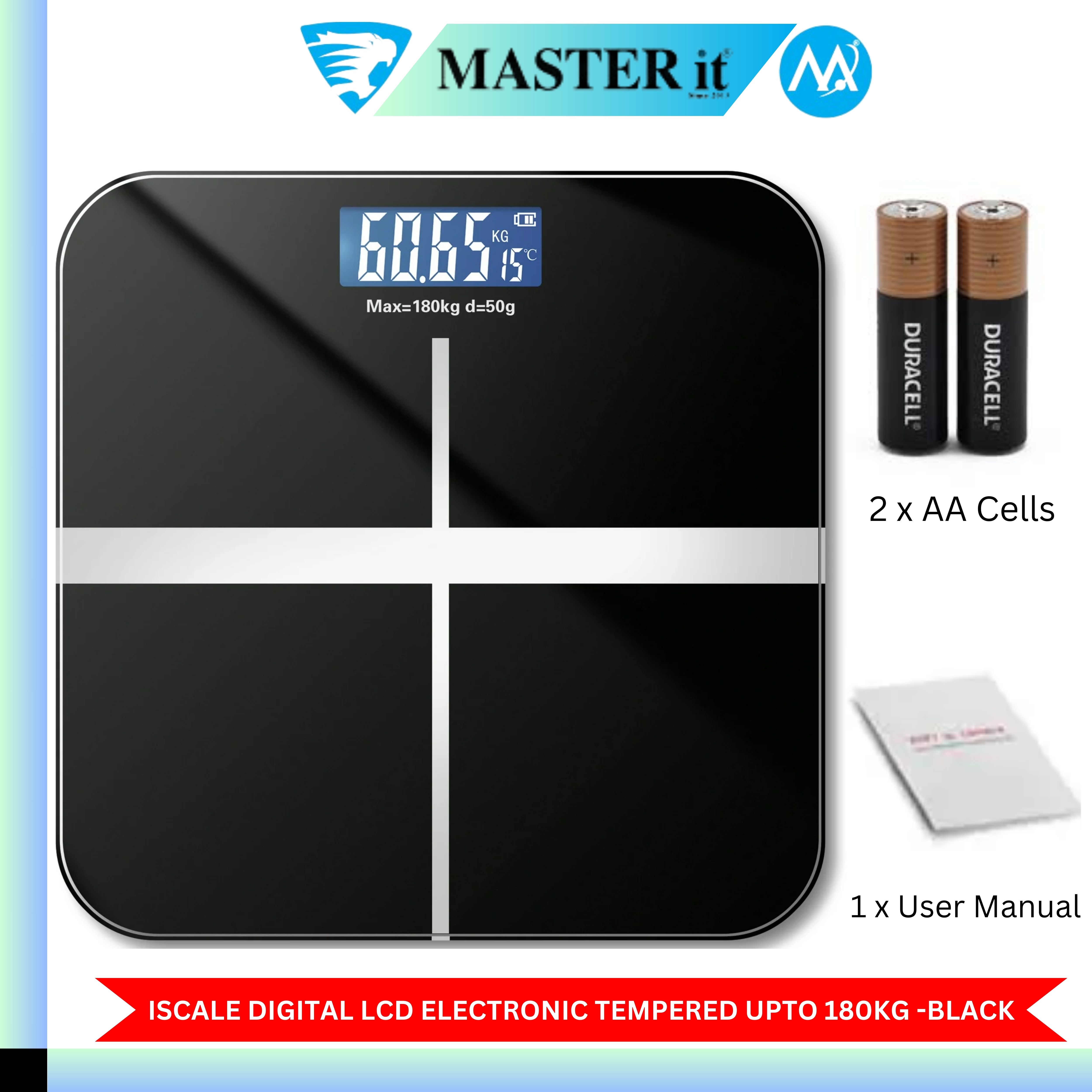 Upto 180kg iScale Rechargeable Weight Machine - 8mm Tempered Glass - Digital Heavy Duty Electronic Weighing Scale with Dual LED Display - Heavy Electric Weight Machine With Durable Steel Quality - For Home & Personal Use - Black//Blue/Silver