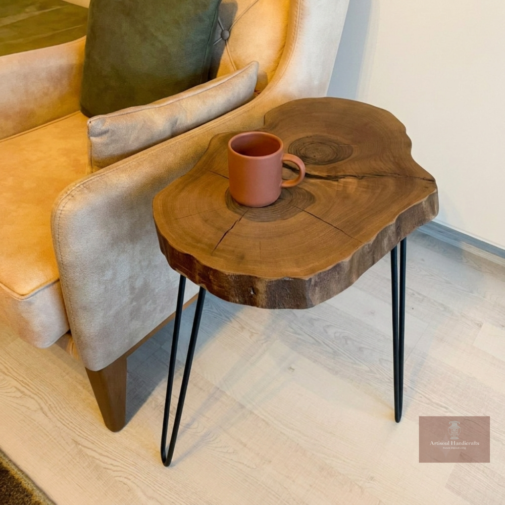 Small Round Side Table | Sofa Side Table & Bedside Table | Natural Live Edge Sheesham Wood | Metal Hairpin Legs | Drawing Room Corner Accent Table | Rustic Handmade Pakistan