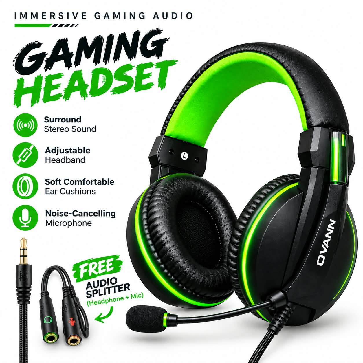 OVAN-X39 RGB Gaming Headset with Mic | 3.5mm Wired Gaming Headphones | Stereo Bass | Noise Reduction | Soft Memory Foam | PC Laptop PS4 PS5 Xbox Mobile