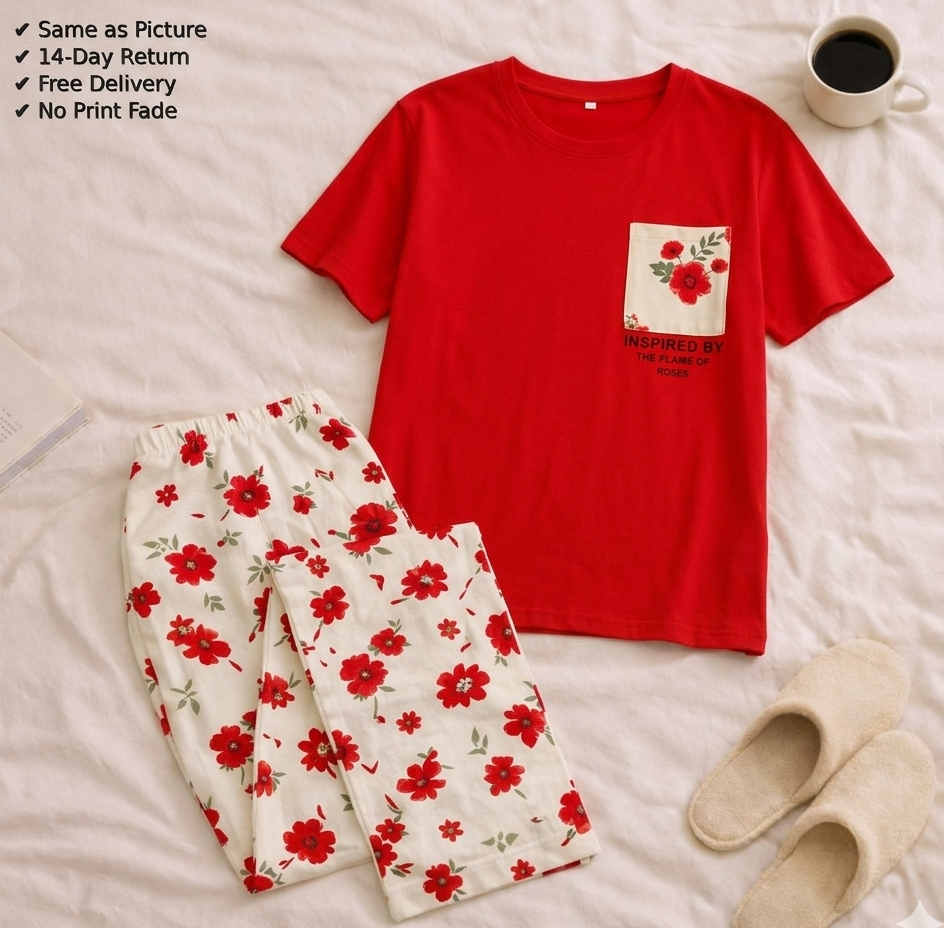 Red Pocket Printed T-Shirt & Floral Printed Trousers - Premium 2-Piece Night Dress for Women & Kids – Soft Cotton Jersey Night Suit Set – Loungewear – Casual Summer PJs Sleeping Suit Available Sizes Adult S to XL, Kids 7-14 Years Siddiqui's Store 01 price in Pakistan