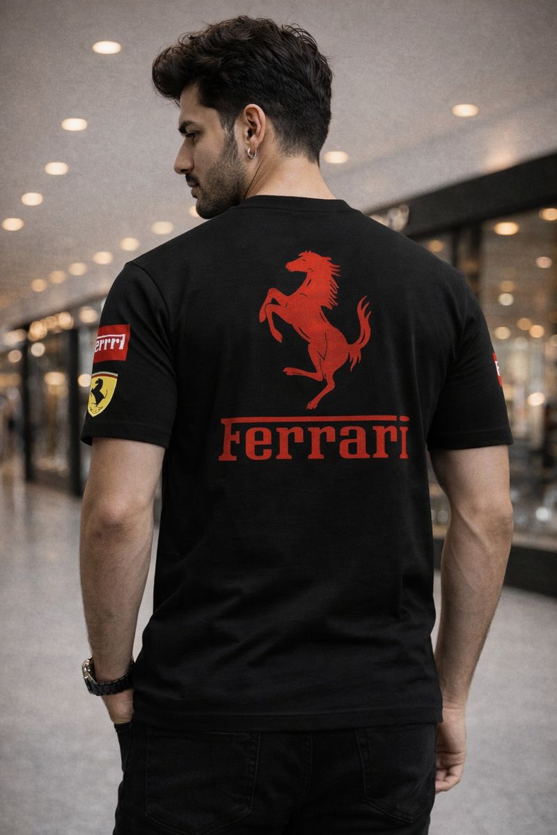 Ferrari Racing Drop Shoulder T-Shirt For Men Summer Cotton Fabric Streetwear Style White and Black Color