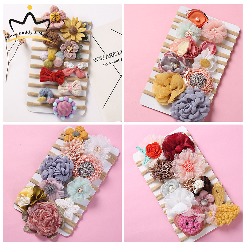 10Pcs/Set Floral Bowknot Baby Headband Autumn Cartoon Animal Infant Hair Band Soft Elastic Pearl Chiffon Lace Kids Girl Headwear