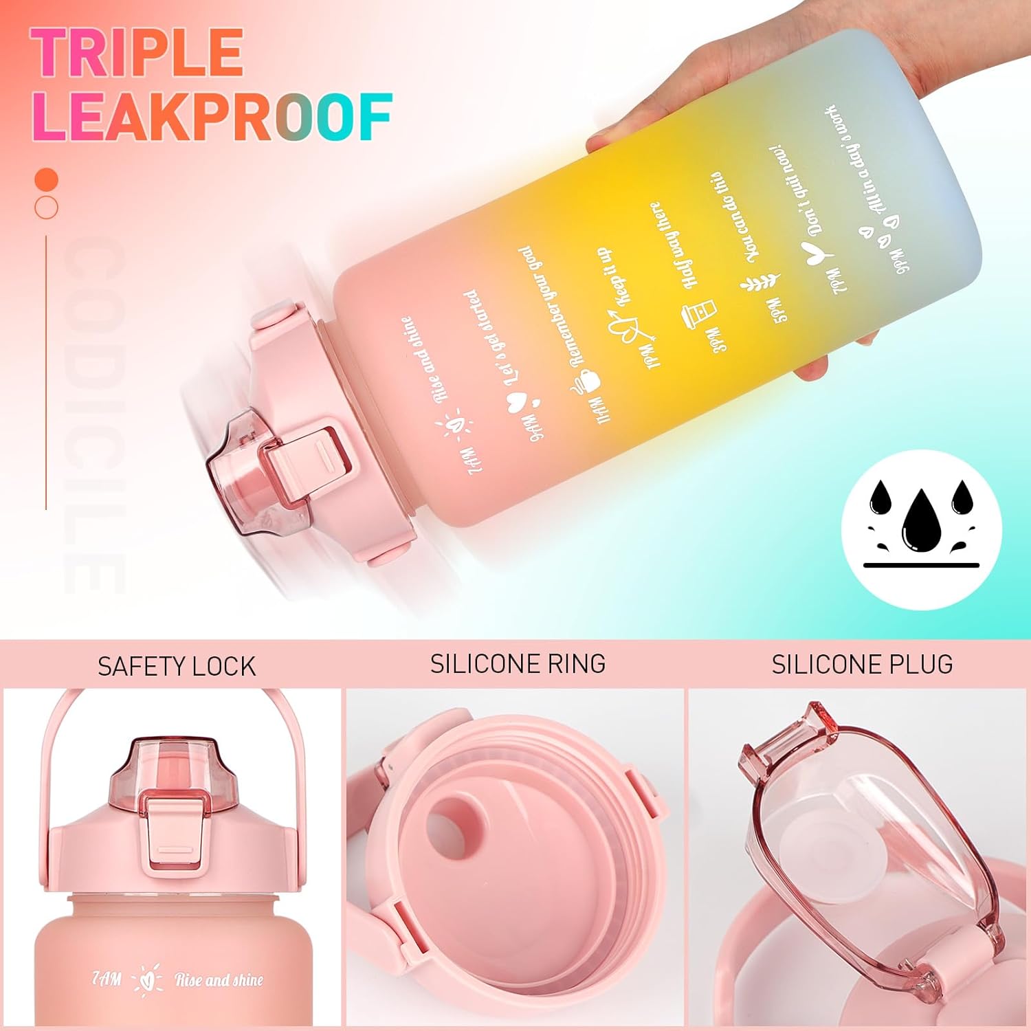 2000ml Motivational Water Bottle With Straw | 2L Gradient Color Drinking Water Bottle