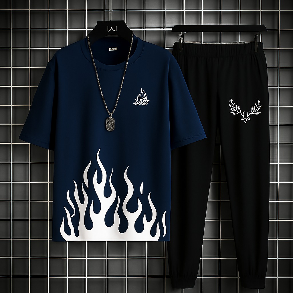 Printed Tracksuit For Men and Boys Summer Soft Cotton Fabric, Casual Trendy Sports Style Blue Color
