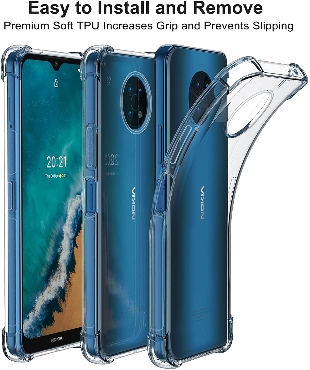 Custodia per Nokia G50 5G e pellicola protettiva in vetro temperato [confezione da 2] in morbido silicone TPU, antiurto, trasparente