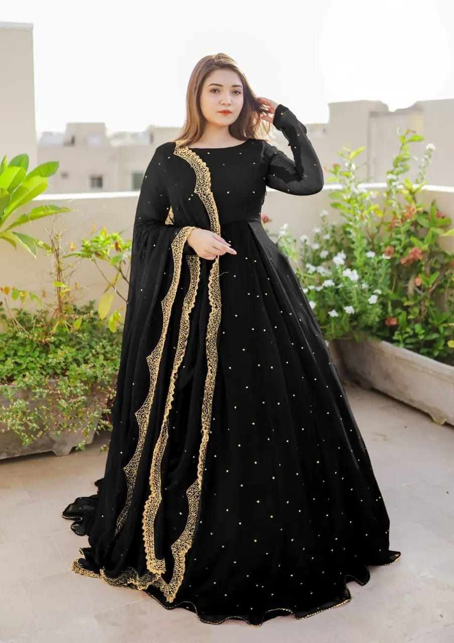 Women Dresses Embroidered -- MaxiNew Design -- Chiffon Suits -- Front And Back Pearls And Lace Work Long Flare Maxi -- Ready To Wear -- Emb & Pearls Work Dupatta 3pcs