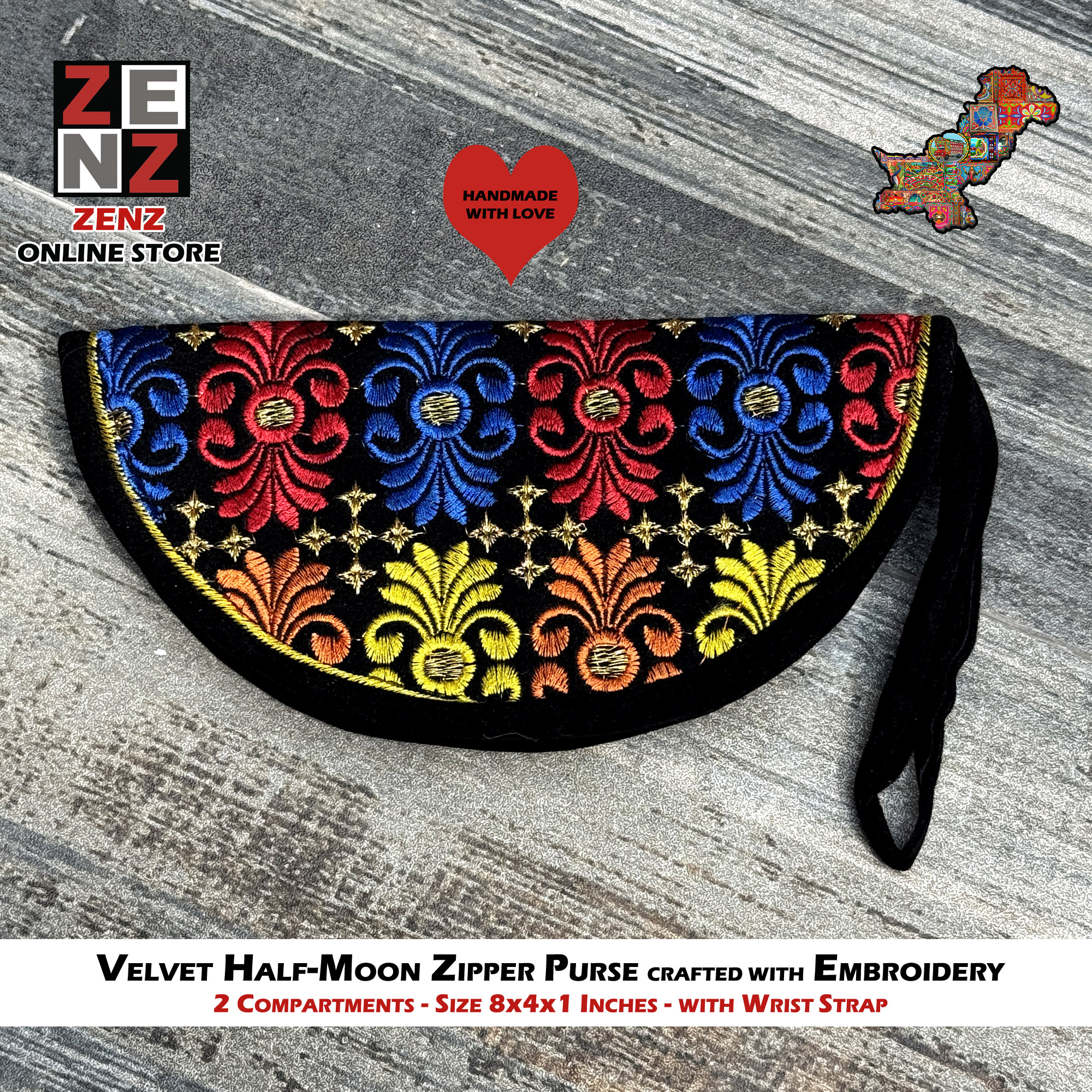 Half Moon Shaped Handmade Black Embroidered Velvet Clutch Purse Size 8x4 Inches crafted with Multicolour Embroidery by ZENZ Pakistani Traditional Vintage Fashion Wear