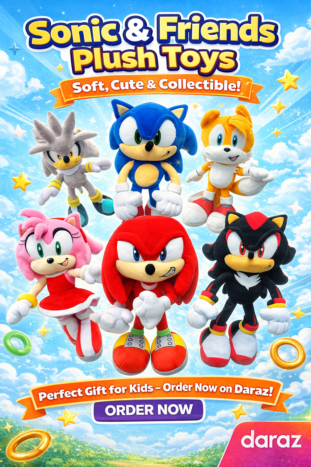 Sonic & Friends – 18” Big Plush Toys | Soft Stuffed Dolls | Perfect Kids Gift & Collectible (Sonic, Tails, Knuckles, Shadow, Amy, Silver).