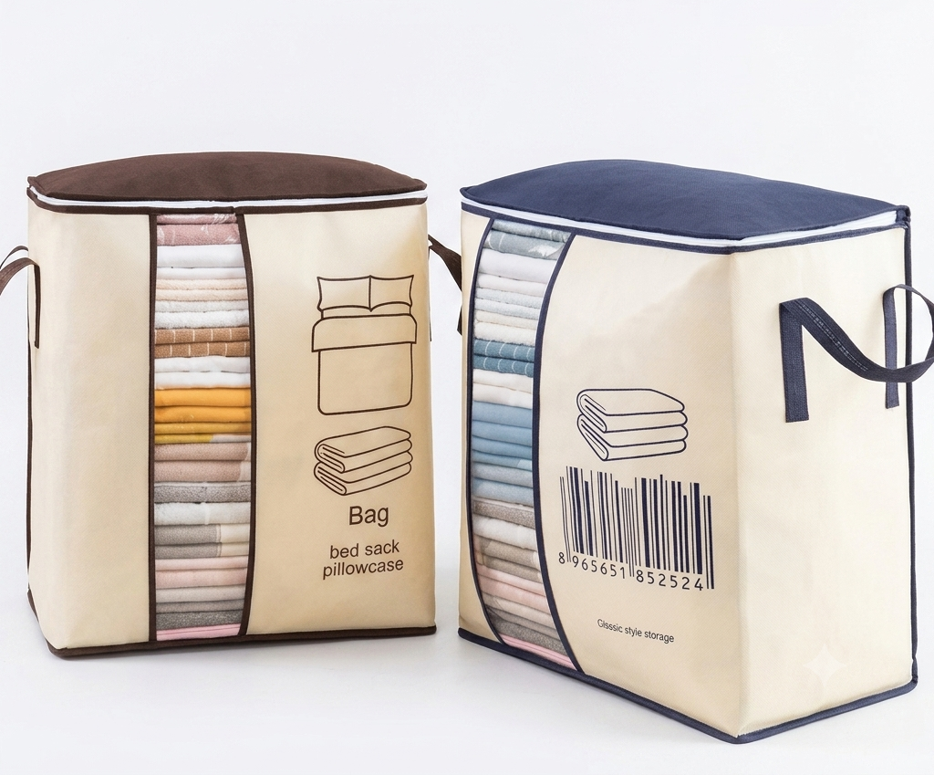 Storage bags for clothes high quality with Barcode Pattern, Zipper Quilt Storage, Bedsheet and Blanket Storage Box, Foldable Travel Bag for Women, Handbags, and Luggage